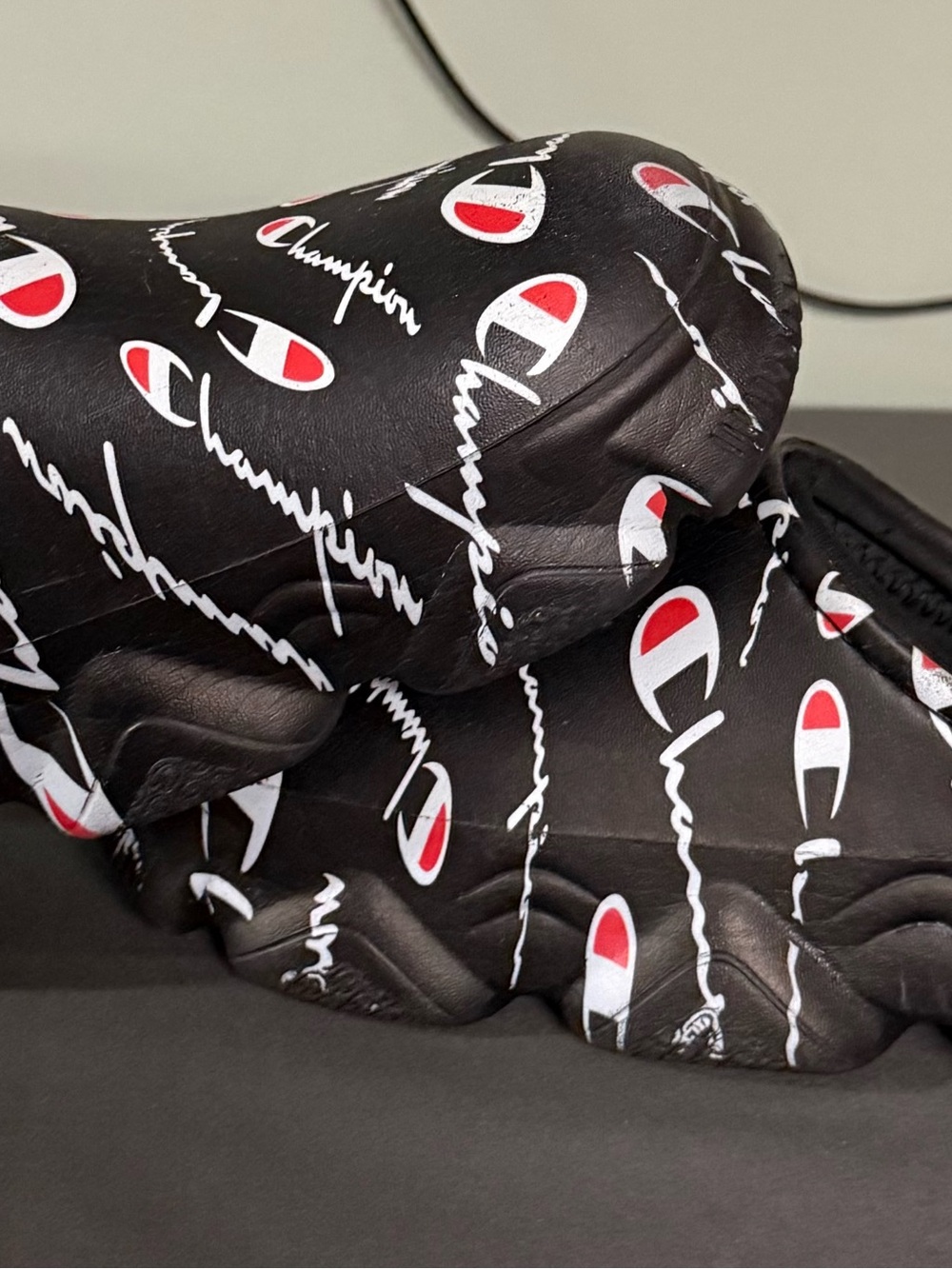 Champion logo clogs black/white and red with faux fur inside